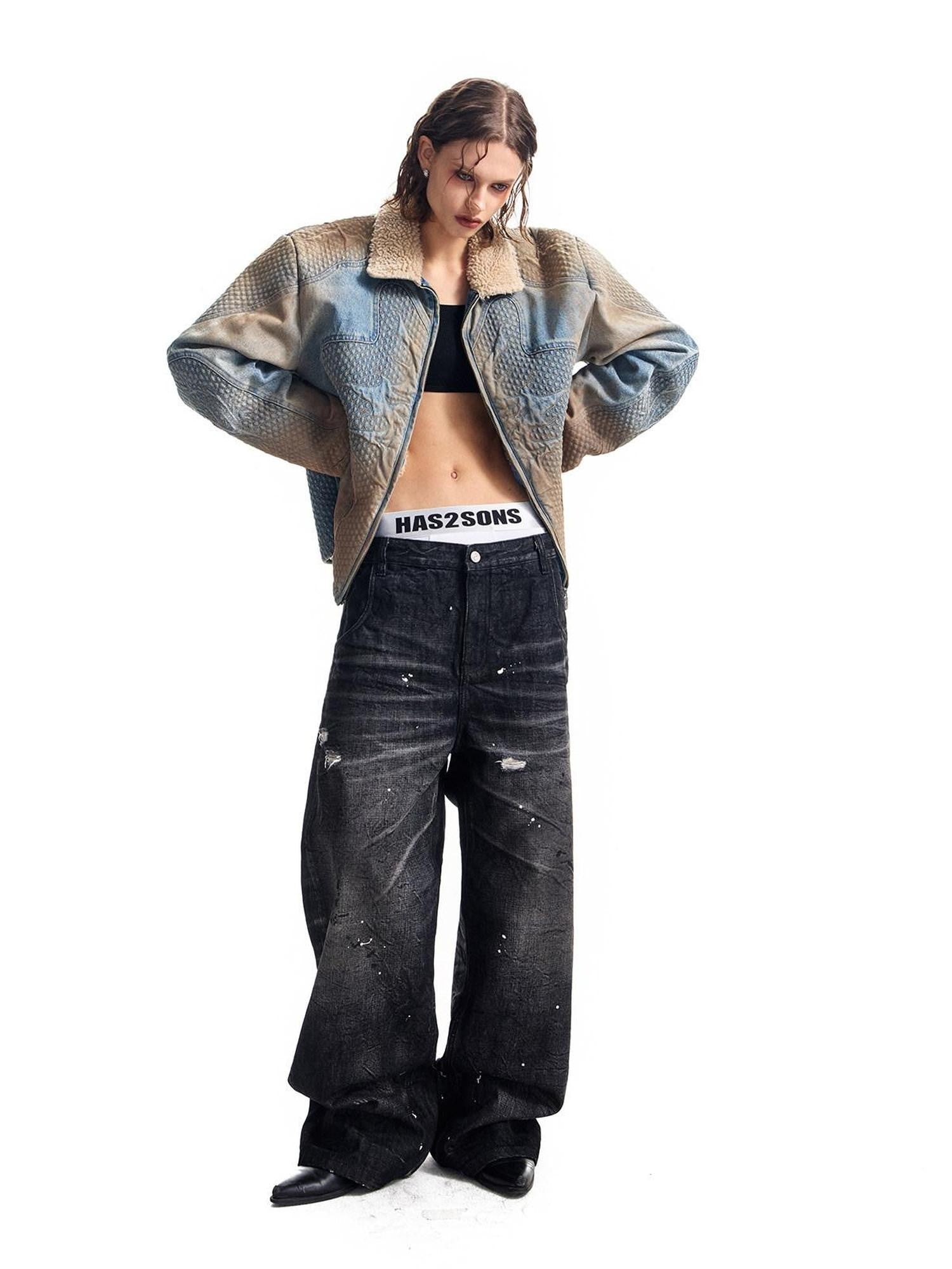 HAS2SONS Washed Blue Deconstructed Panel Embroidered Women's Fleece Lined Denim Jackets