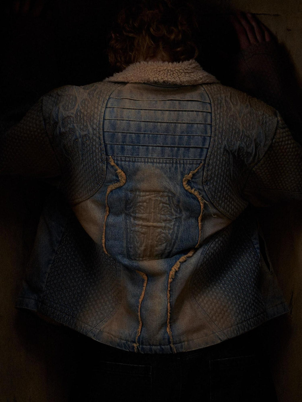 HAS2SONS Washed Blue Deconstructed Panel Embroidered Women's Fleece Lined Denim Jackets