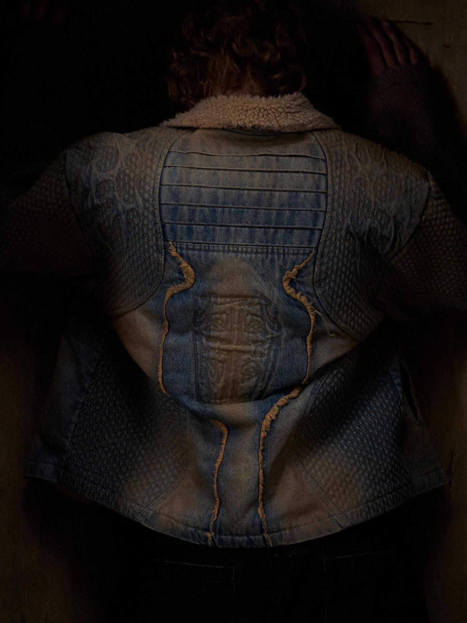 HAS2SONS Washed Blue Deconstructed Panel Embroidered Women's Fleece Lined Denim Jackets
