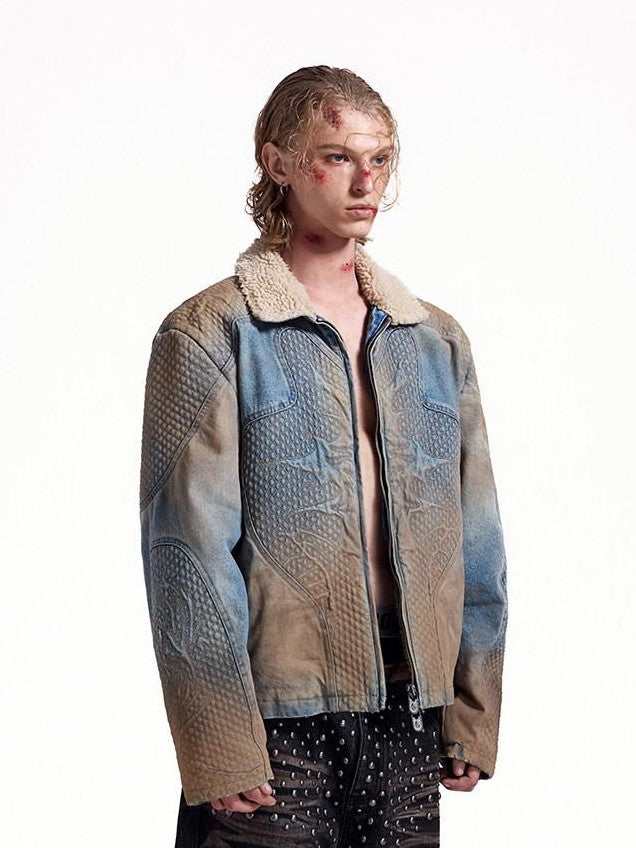 HAS2SONS Washed Blue Deconstructed Panel Embroidered Women's Fleece Lined Denim Jackets