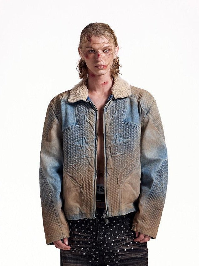 HAS2SONS Washed Blue Deconstructed Panel Embroidered Women's Fleece Lined Denim Jackets
