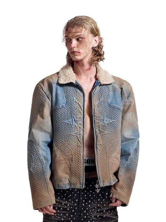 HAS2SONS Washed Blue Deconstructed Panel Embroidered Women's Fleece Lined Denim Jackets