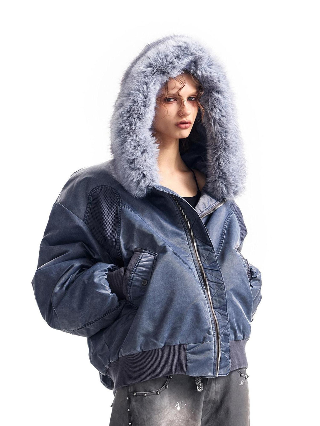 HAS2SONS Washed Blue Detachable Fur Collar Hooded Ma1 Bomber Women's Nylon Puffer Jackets