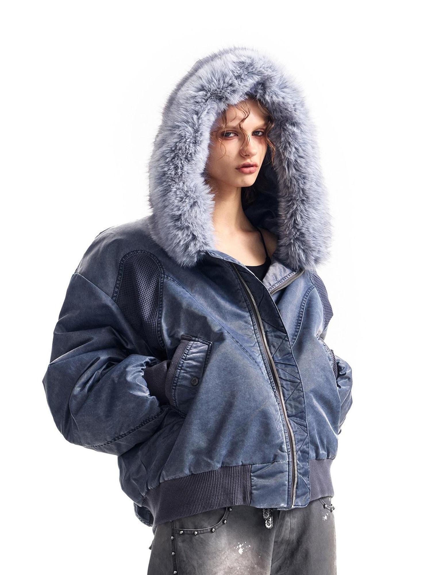 HAS2SONS Washed Blue Detachable Fur Collar Hooded Ma1 Bomber Women's Nylon Puffer Jackets
