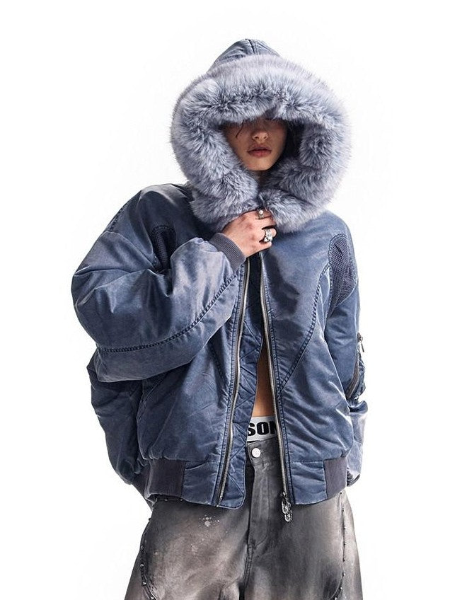 HAS2SONS Washed Blue Detachable Fur Collar Hooded Ma1 Bomber Women's Nylon Puffer Jackets