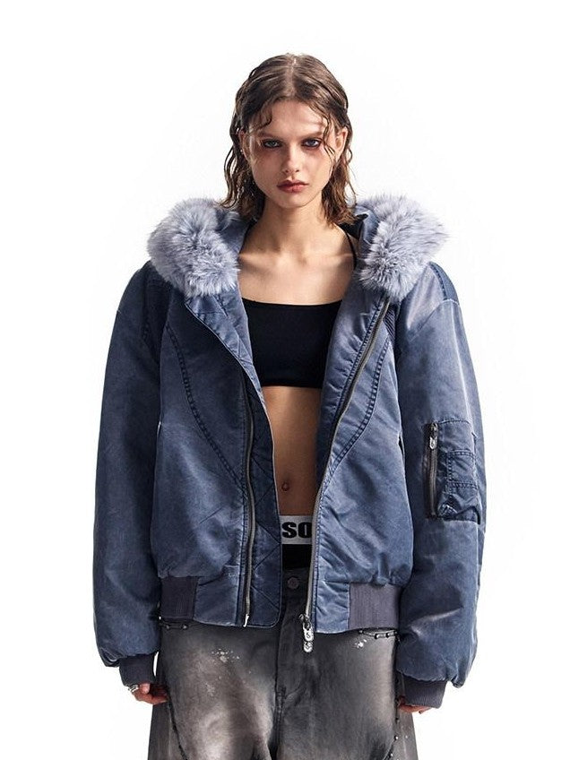 HAS2SONS Washed Blue Detachable Fur Collar Hooded Ma1 Bomber Women's Nylon Puffer Jackets