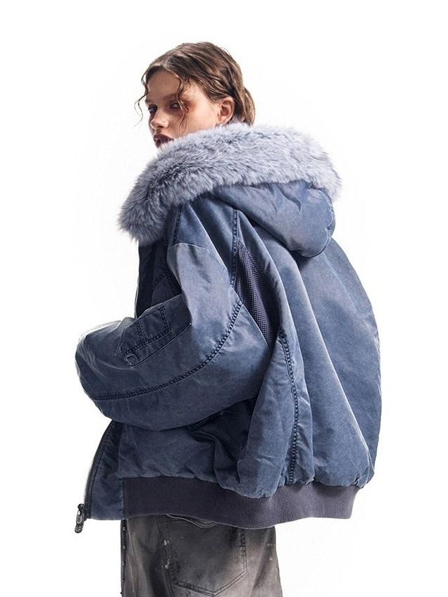 HAS2SONS Washed Blue Detachable Fur Collar Hooded Ma1 Bomber Women's Nylon Puffer Jackets