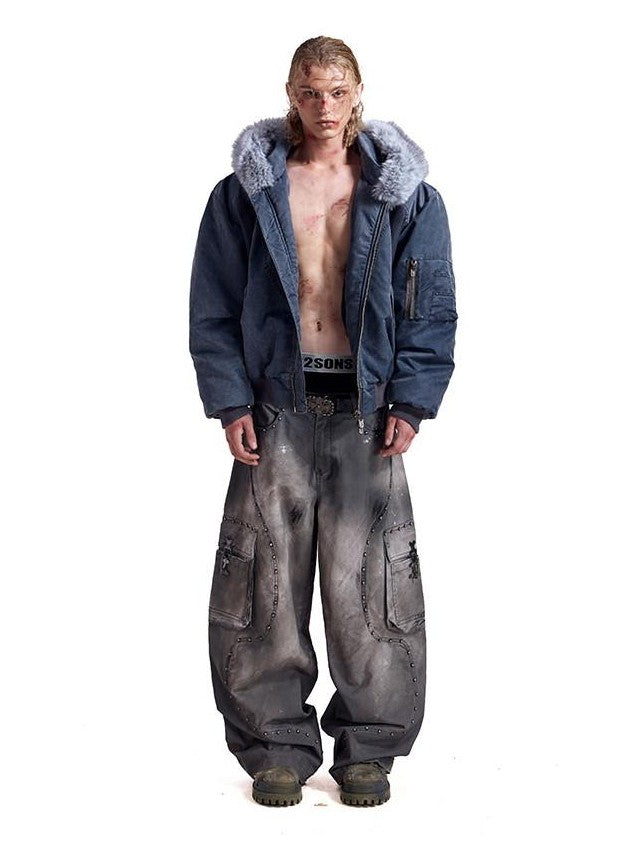 HAS2SONS Washed Blue Detachable Fur Collar Hooded Ma1 Bomber Women's Nylon Puffer Jackets