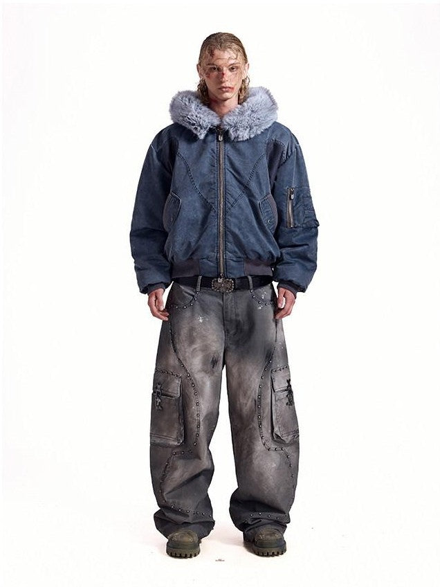 HAS2SONS Washed Blue Detachable Fur Collar Hooded Ma1 Bomber Women's Nylon Puffer Jackets