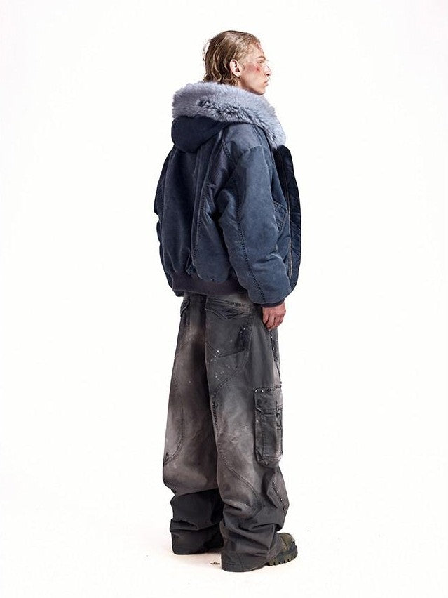 HAS2SONS Washed Blue Detachable Fur Collar Hooded Ma1 Bomber Women's Nylon Puffer Jackets