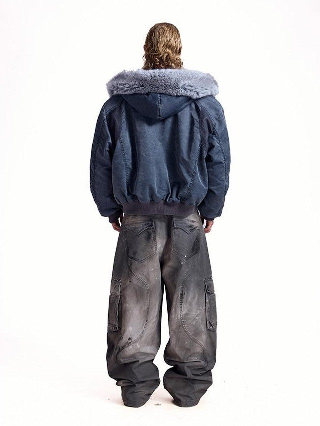 HAS2SONS Washed Blue Detachable Fur Collar Hooded Ma1 Bomber Women's Nylon Puffer Jackets
