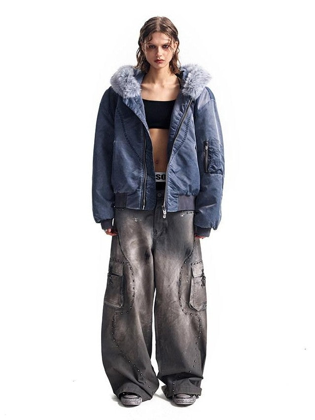 HAS2SONS Washed Blue Detachable Fur Collar Hooded Ma1 Bomber Women's Nylon Puffer Jackets