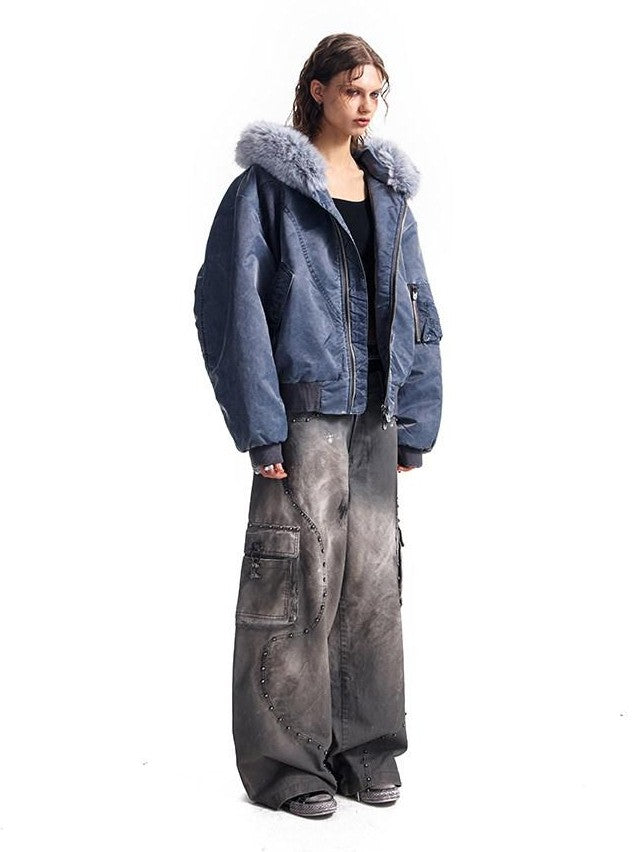 HAS2SONS Washed Blue Detachable Fur Collar Hooded Ma1 Bomber Women's Nylon Puffer Jackets