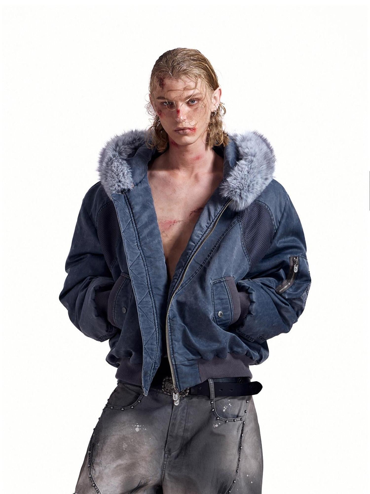 HAS2SONS Washed Blue Detachable Fur Collar Hooded Ma1 Bomber Women's Nylon Puffer Jackets