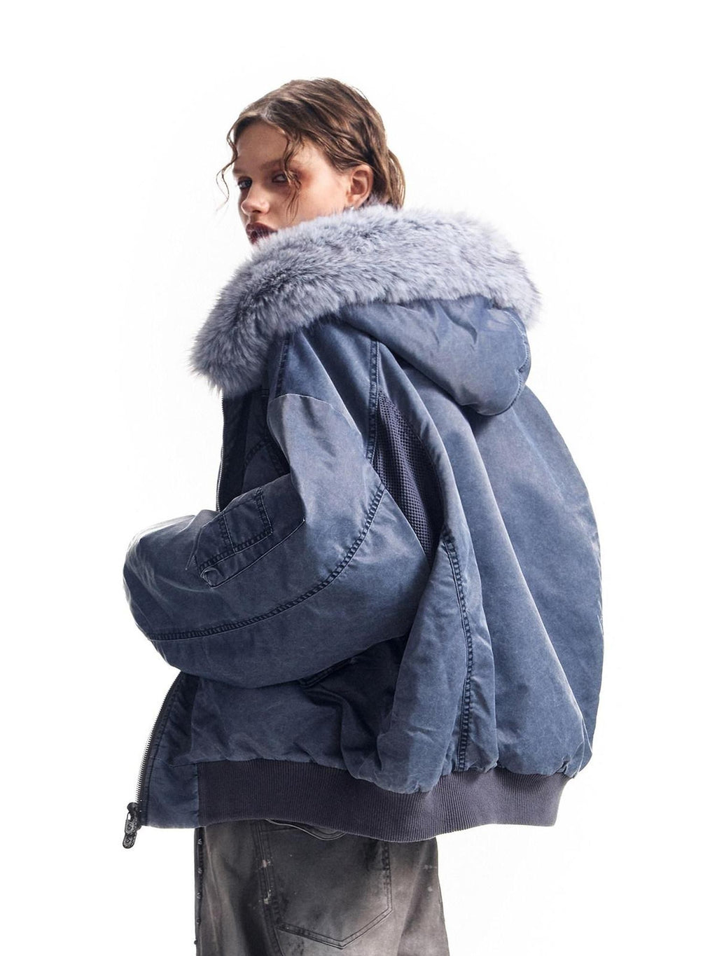 HAS2SONS Washed Blue Detachable Fur Collar Hooded Ma1 Bomber Women's Nylon Puffer Jackets