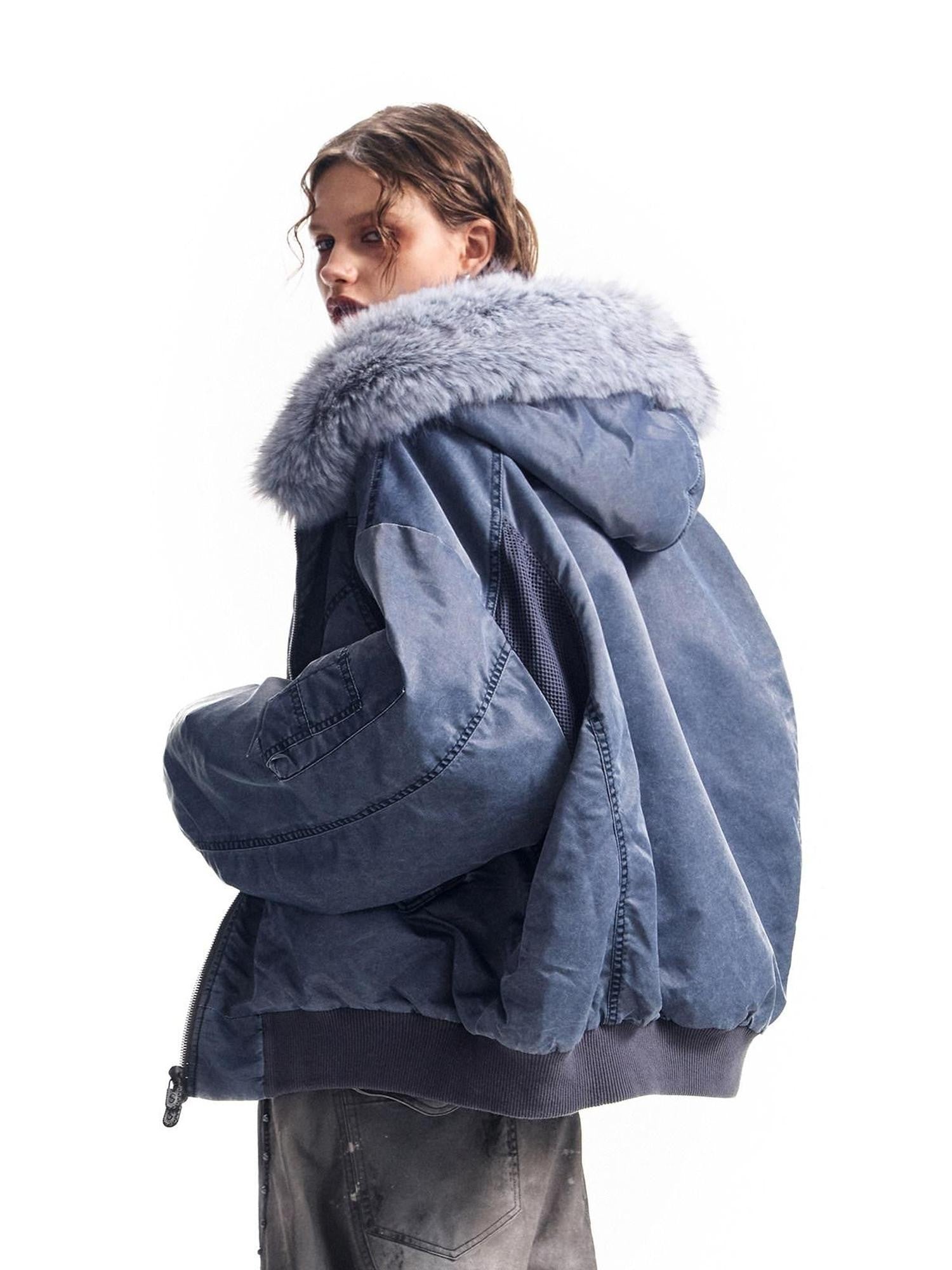 HAS2SONS Washed Blue Detachable Fur Collar Hooded Ma1 Bomber Women's Nylon Puffer Jackets
