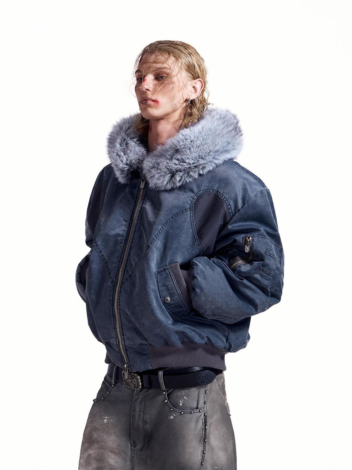 HAS2SONS Washed Blue Detachable Fur Collar Hooded Ma1 Bomber Women's Nylon Puffer Jackets