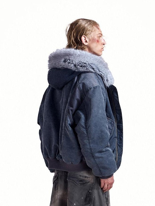 HAS2SONS Washed Blue Detachable Fur Collar Hooded Ma1 Bomber Women's Nylon Puffer Jackets