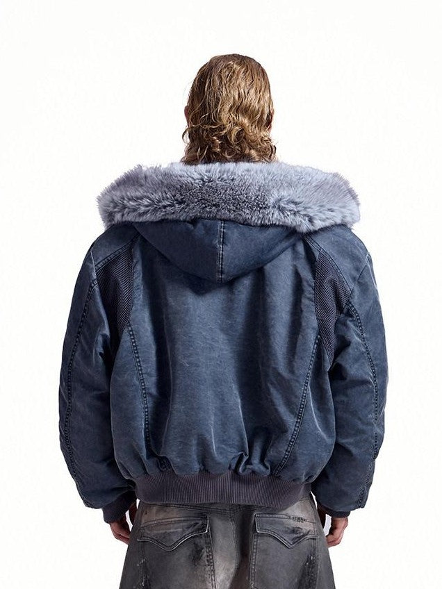 HAS2SONS Washed Blue Detachable Fur Collar Hooded Ma1 Bomber Women's Nylon Puffer Jackets
