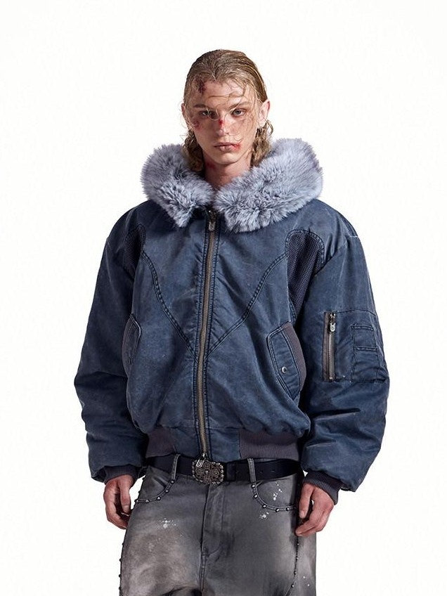 HAS2SONS Washed Blue Detachable Fur Collar Hooded Ma1 Bomber Women's Nylon Puffer Jackets
