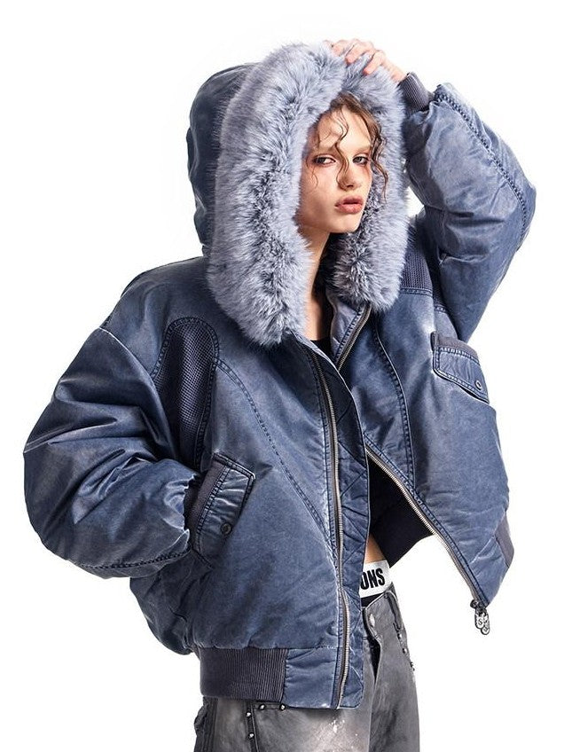 HAS2SONS Washed Blue Detachable Fur Collar Hooded Ma1 Bomber Women's Nylon Puffer Jackets
