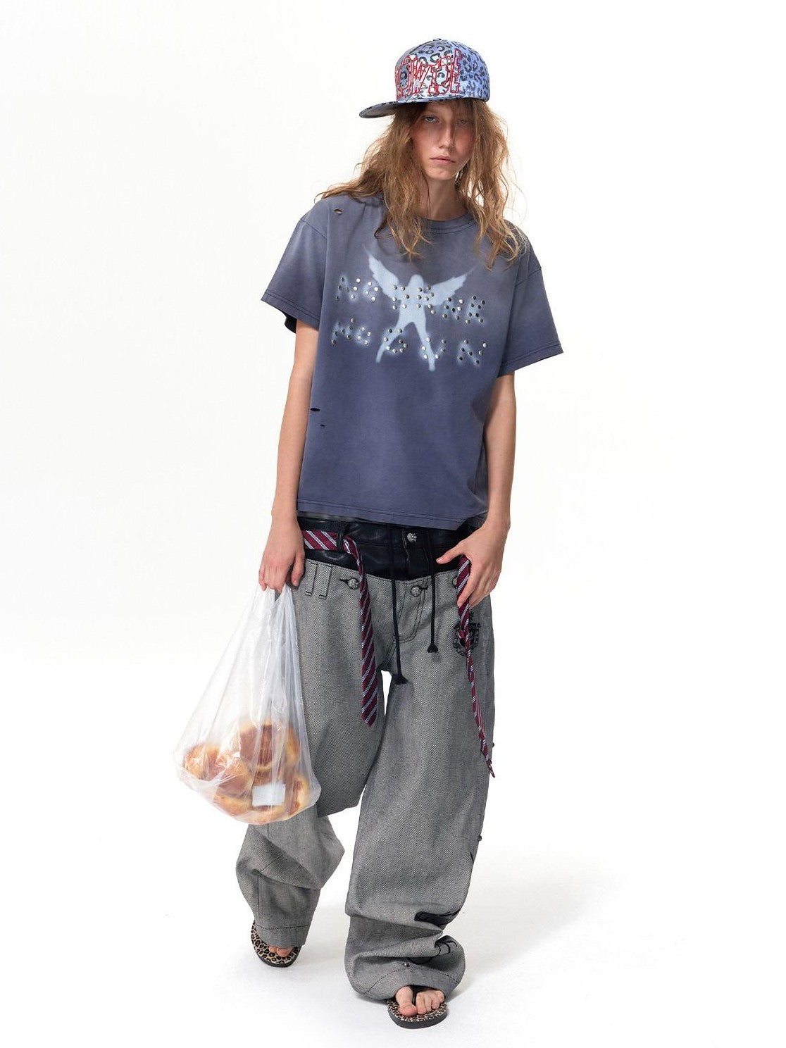 HAS2SONS Washed Blue Purple Beaded Distressed Print Women's Cotton Short Sleeve T-shirts