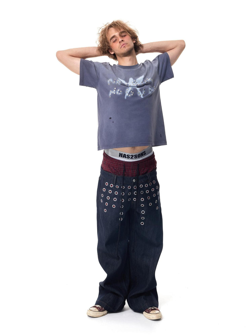 HAS2SONS Washed Blue Purple Beaded Distressed Print Women's Cotton Short Sleeve T-shirts