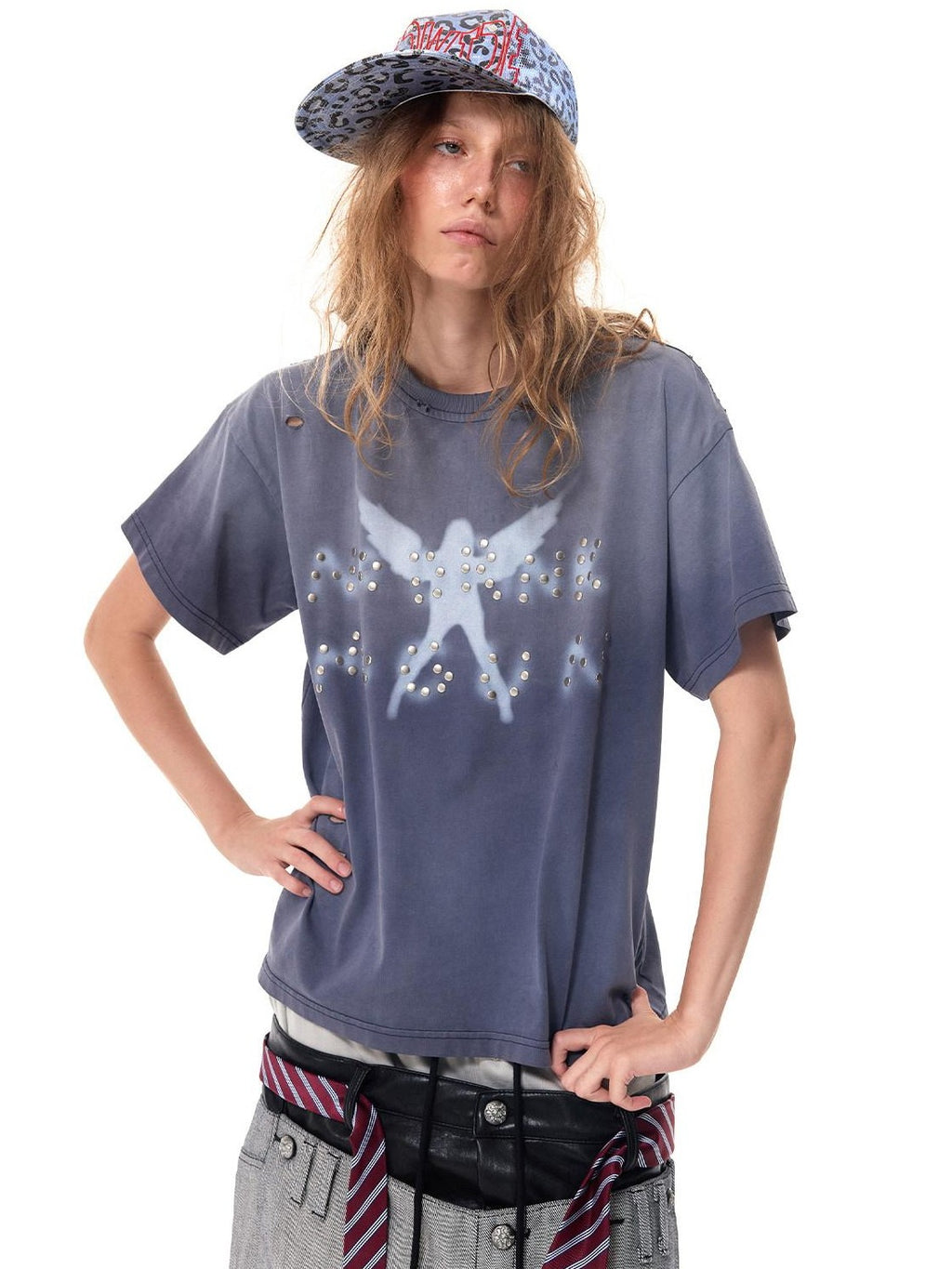 HAS2SONS Washed Blue Purple Beaded Distressed Print Women's Cotton Short Sleeve T-shirts