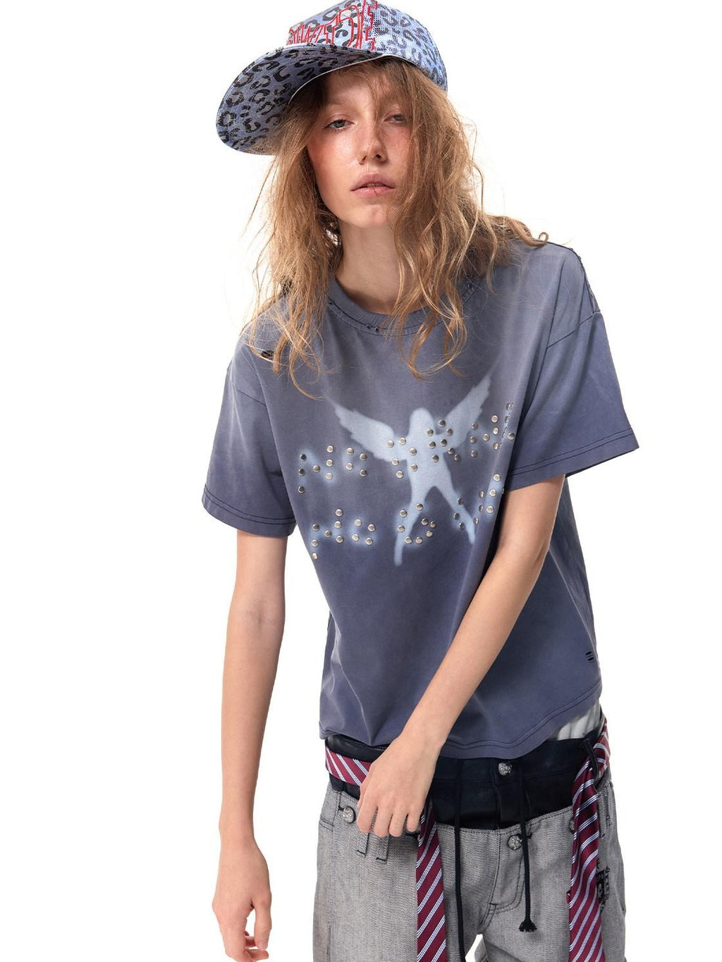 HAS2SONS Washed Blue Purple Beaded Distressed Print Women's Cotton Short Sleeve T-shirts