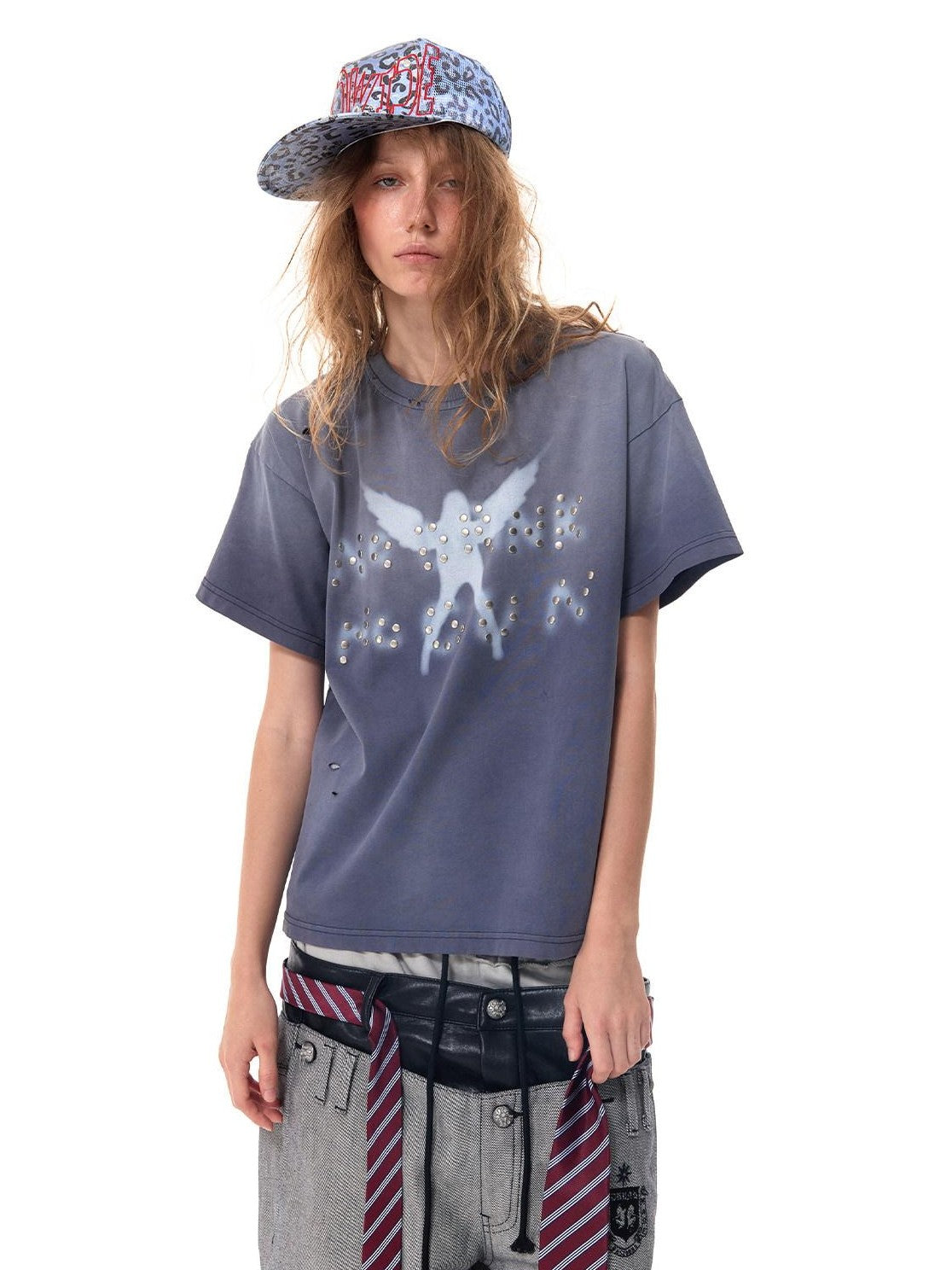 HAS2SONS Washed Blue Purple Beaded Distressed Print Women's Cotton Short Sleeve T-shirts