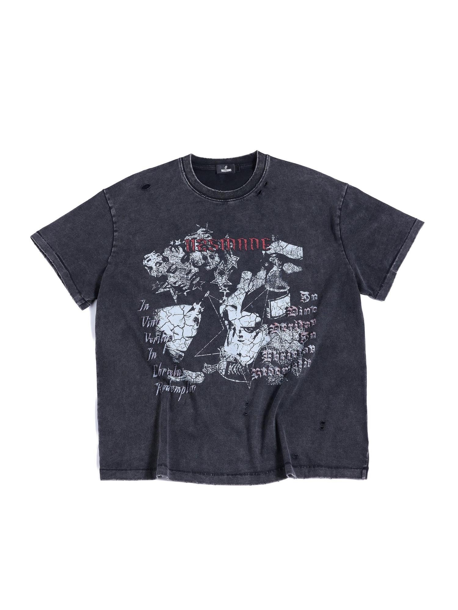 HAS2SONS Washed Distressed Digital Print Loose Women's Cotton Short Sleeve T-shirts