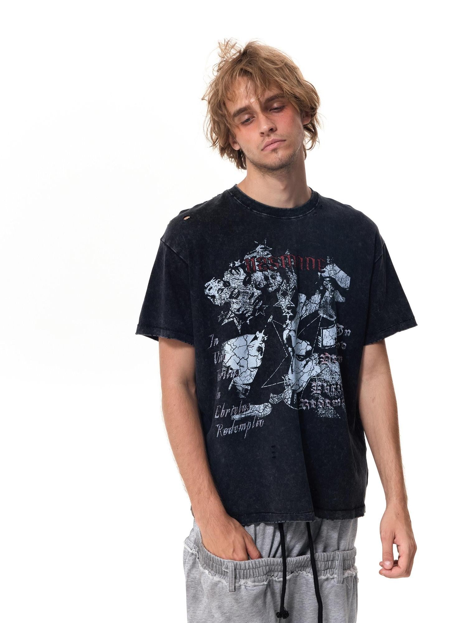 HAS2SONS Washed Distressed Digital Print Loose Women's Cotton Short Sleeve T-shirts