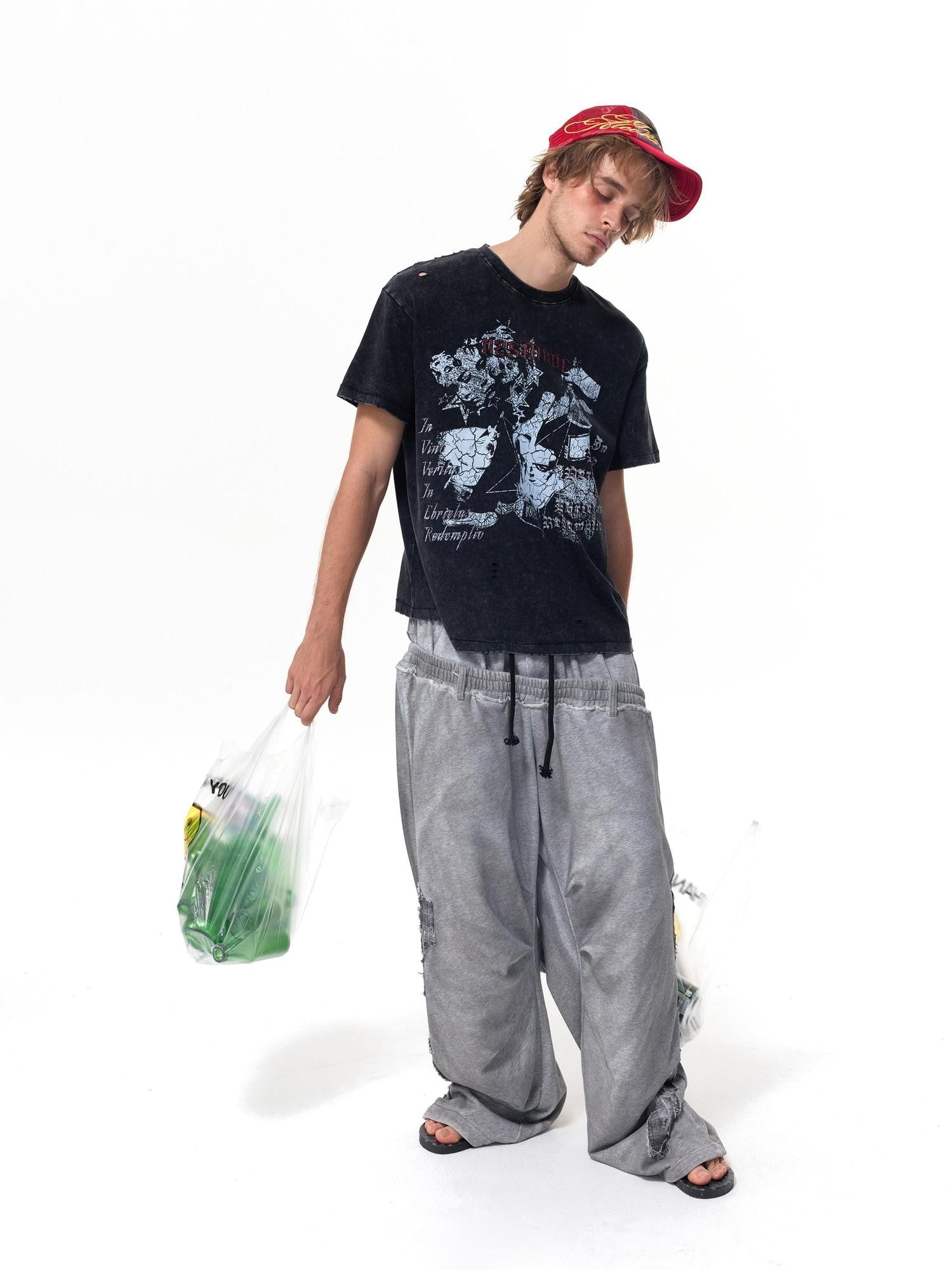 HAS2SONS Washed Distressed Digital Print Loose Women's Cotton Short Sleeve T-shirts