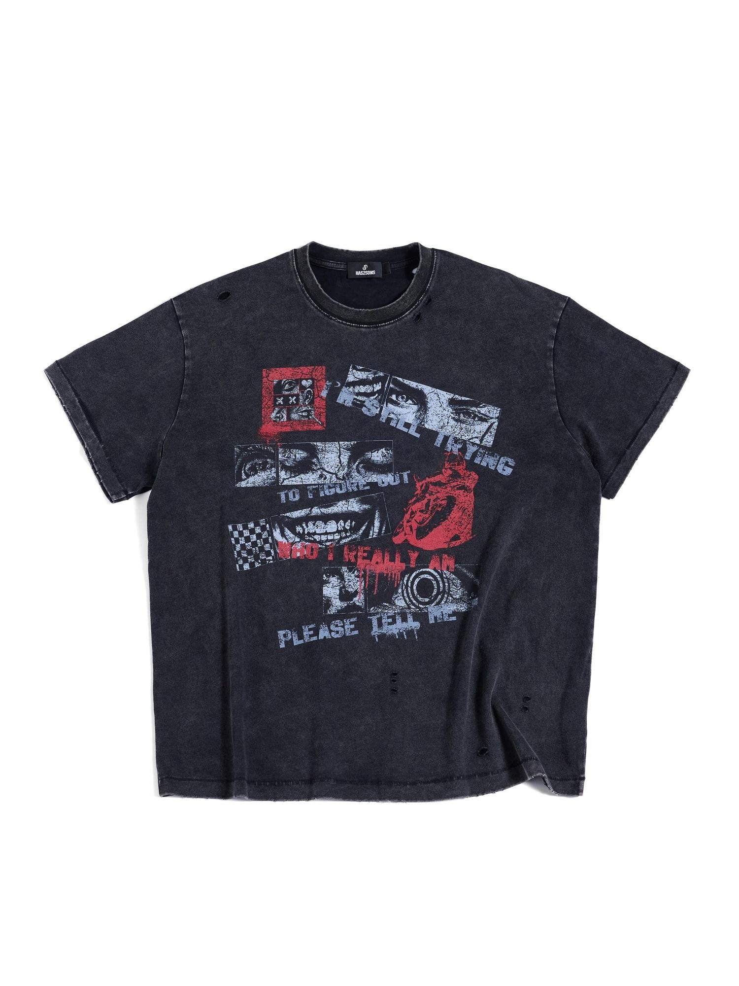 HAS2SONS Washed Distressed Round Neck Loose Letters Women's Cotton Short Sleeve T-shirts