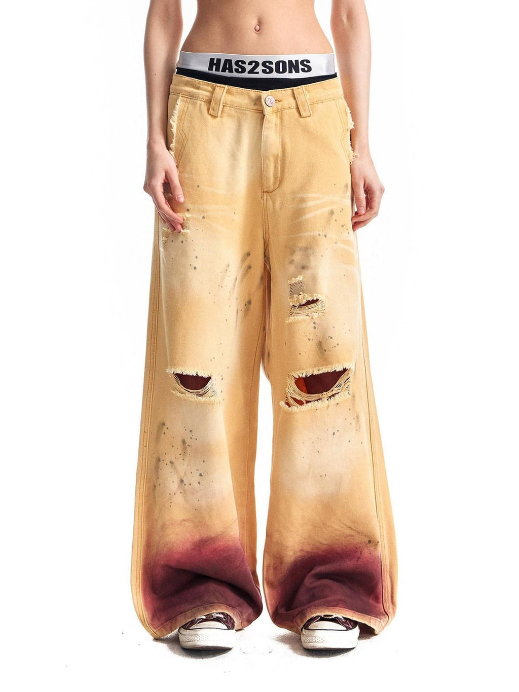 HAS2SONS Washed Faded Vintage Distressed Paint Splatter Women's Cotton Wide-leg Pants