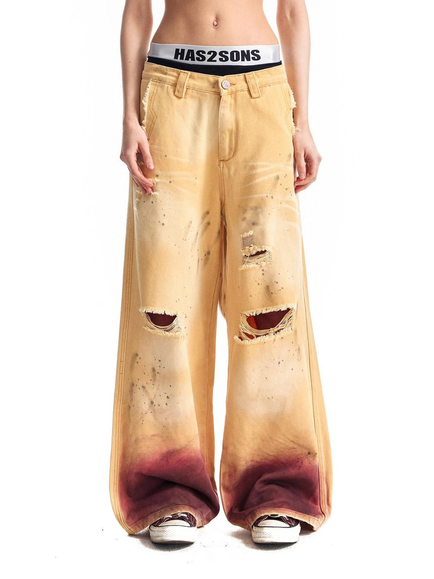 HAS2SONS Washed Faded Vintage Distressed Paint Splatter Women's Cotton Wide-leg Pants
