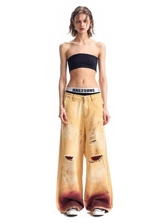 HAS2SONS Washed Faded Vintage Distressed Paint Splatter Women's Cotton Wide-leg Pants