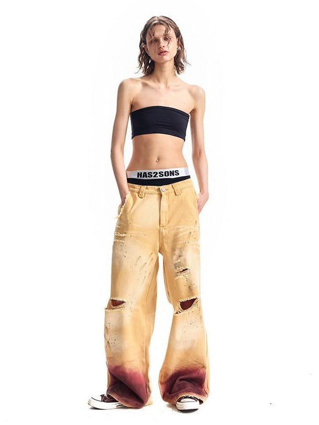 HAS2SONS Washed Faded Vintage Distressed Paint Splatter Women's Cotton Wide-leg Pants