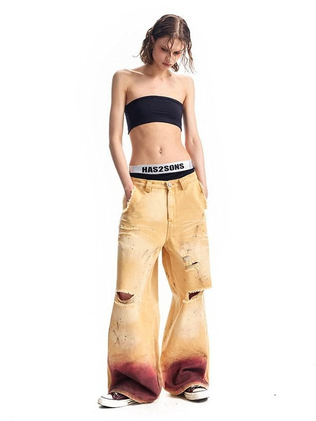 HAS2SONS Washed Faded Vintage Distressed Paint Splatter Women's Cotton Wide-leg Pants