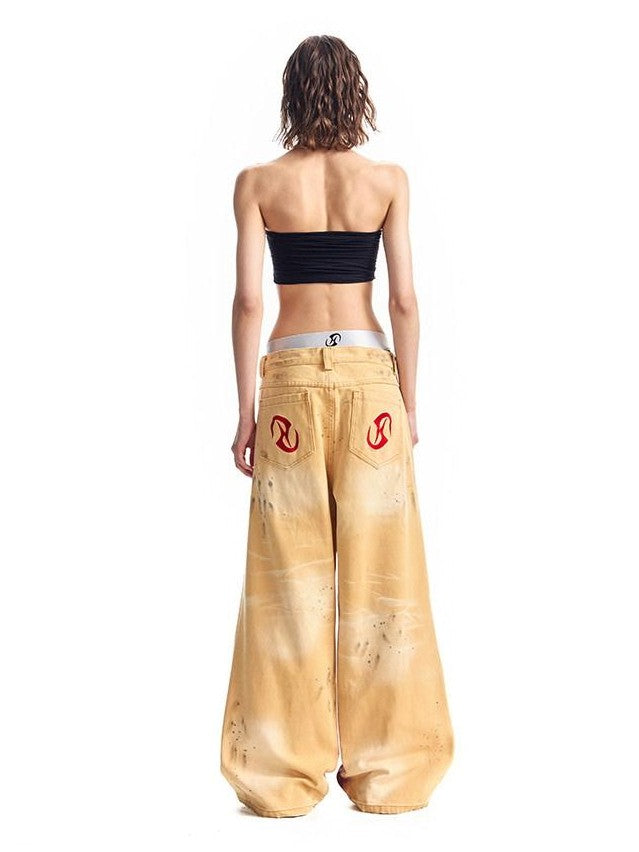HAS2SONS Washed Faded Vintage Distressed Paint Splatter Women's Cotton Wide-leg Pants