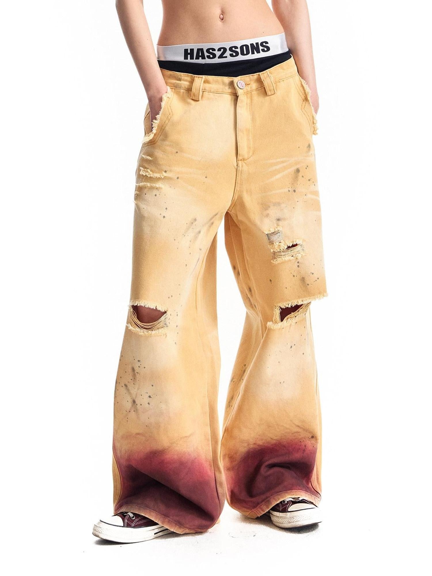 HAS2SONS Washed Faded Vintage Distressed Paint Splatter Women's Cotton Wide-leg Pants