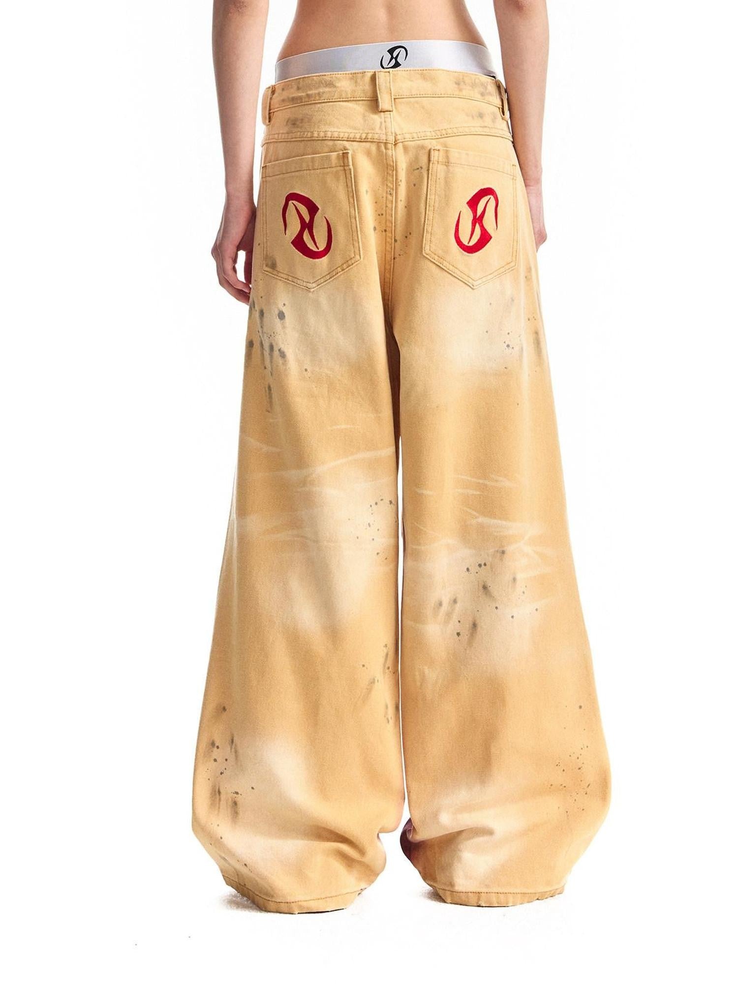 HAS2SONS Washed Faded Vintage Distressed Paint Splatter Women's Cotton Wide-leg Pants