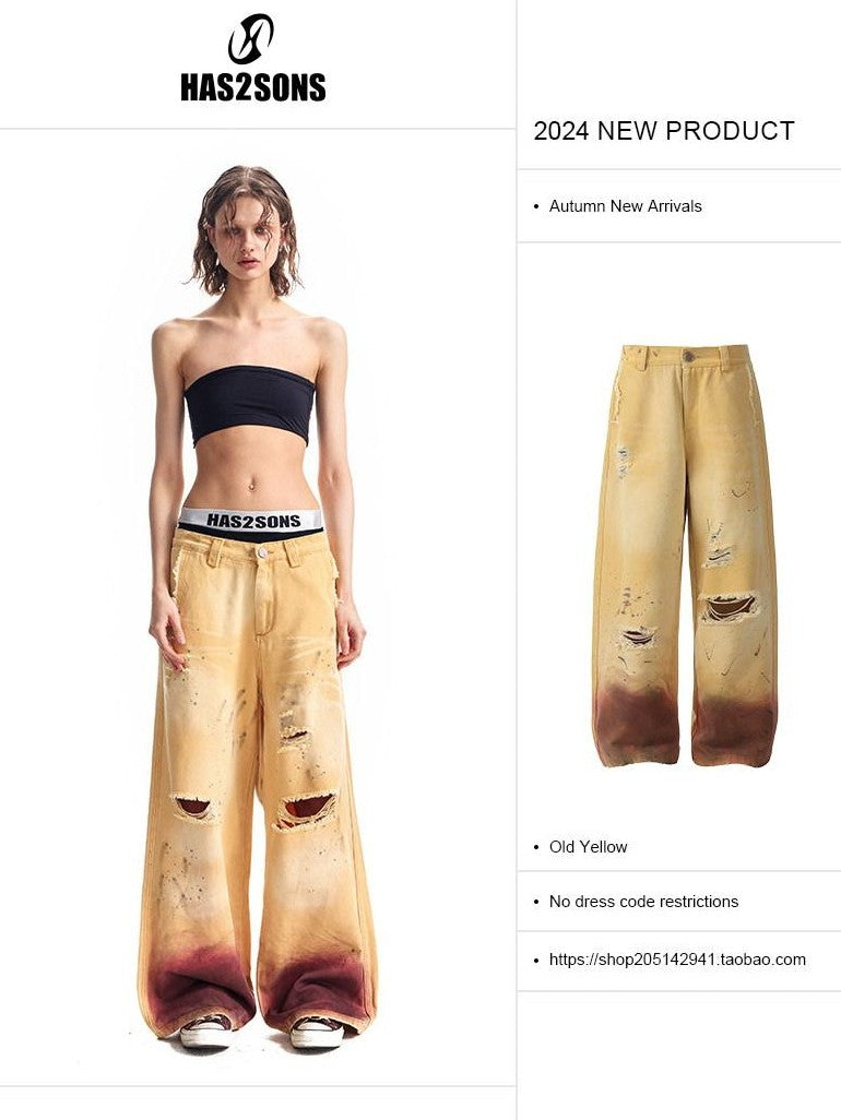 HAS2SONS Washed Faded Vintage Distressed Paint Splatter Women's Cotton Wide-leg Pants