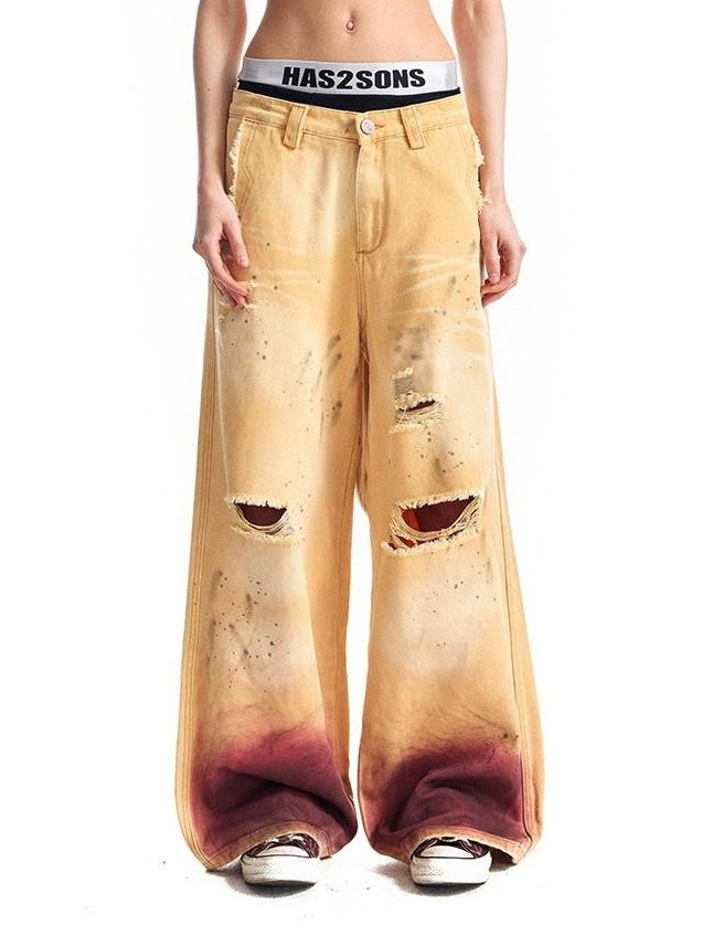 HAS2SONS Washed Faded Vintage Distressed Paint Splatter Women's Cotton Wide-leg Pants