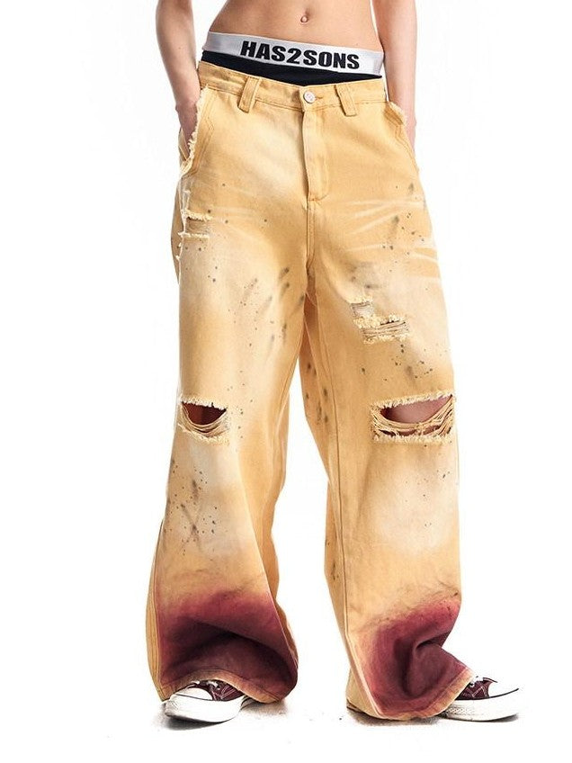 HAS2SONS Washed Faded Vintage Distressed Paint Splatter Women's Cotton Wide-leg Pants