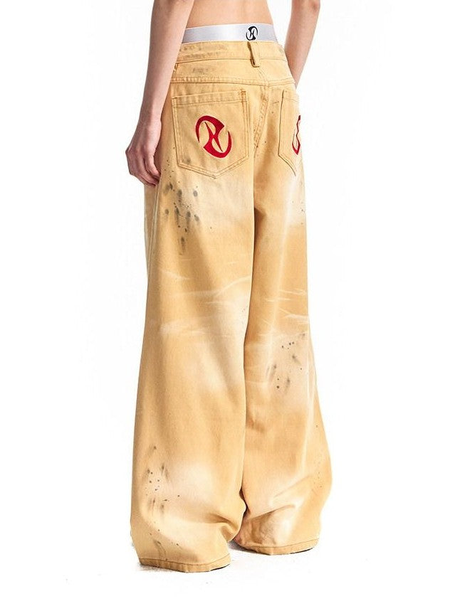 HAS2SONS Washed Faded Vintage Distressed Paint Splatter Women's Cotton Wide-leg Pants