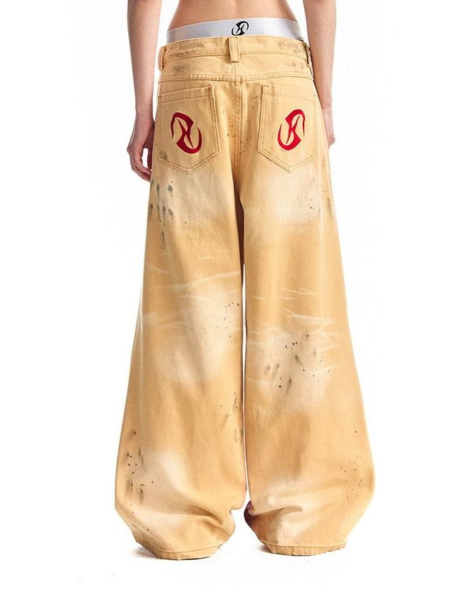 HAS2SONS Washed Faded Vintage Distressed Paint Splatter Women's Cotton Wide-leg Pants