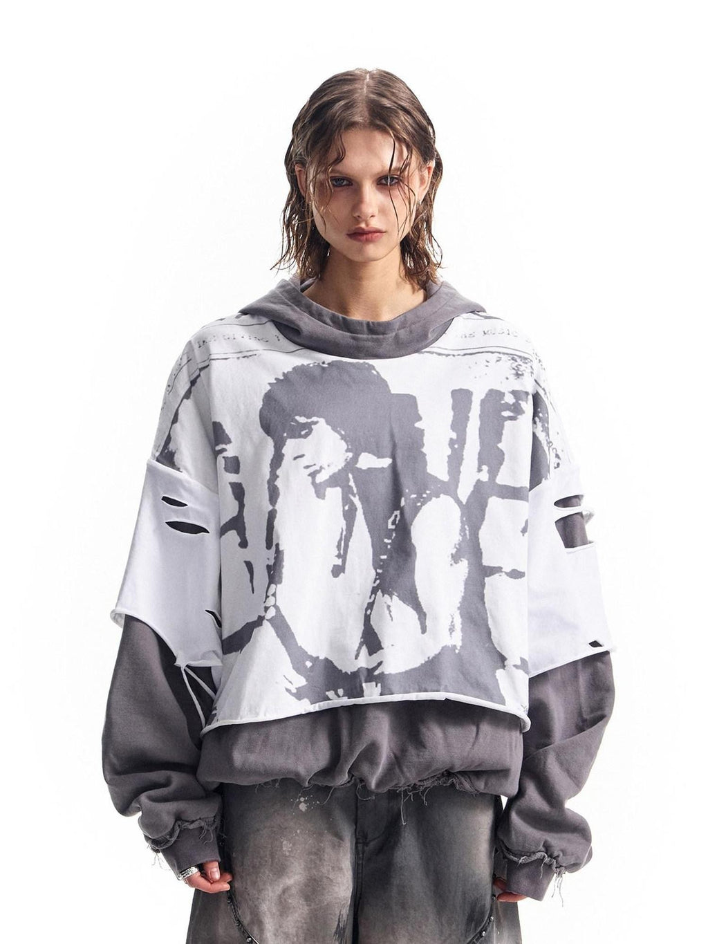 HAS2SONS Washed Gray Band Print Distressed Ripped Cropped Women's Pullover Hoodies
