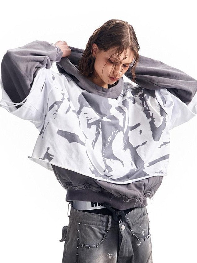 HAS2SONS Washed Gray Band Print Distressed Ripped Cropped Women's Pullover Hoodies