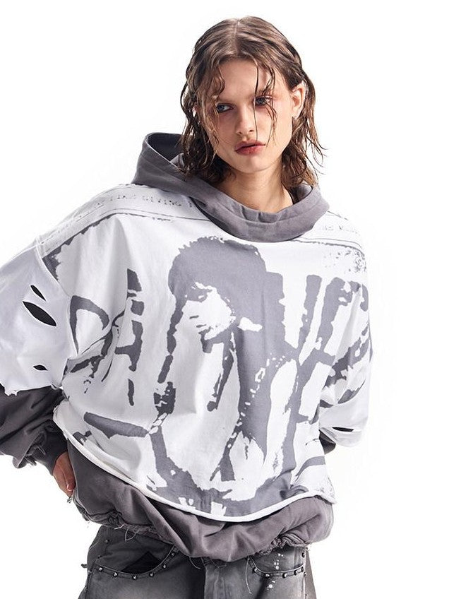 HAS2SONS Washed Gray Band Print Distressed Ripped Cropped Women's Pullover Hoodies